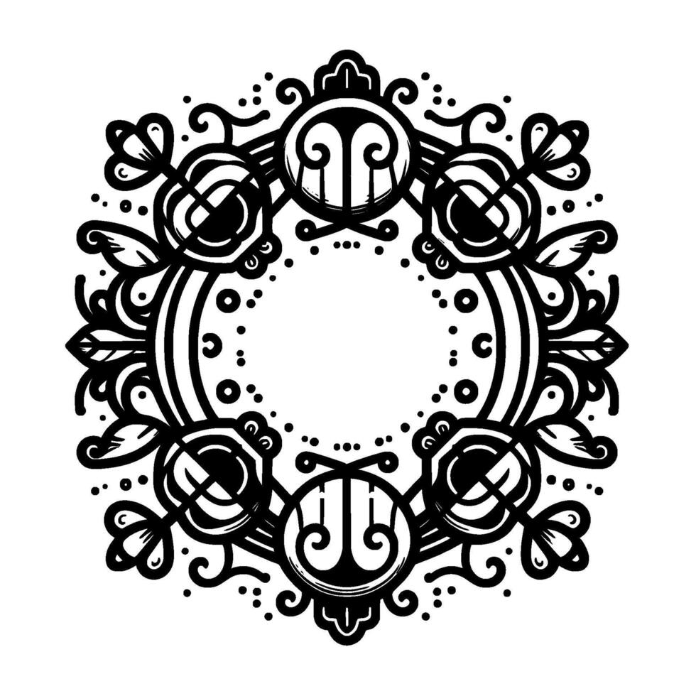Intricate Black and White Floral Wreath with Ornamental Details and Symmetrical , Perfect Circle. vector