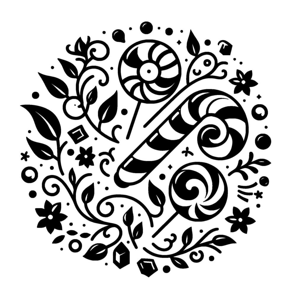 Black and white circular candy composition with swirly lollipops, striped candy cane, stylized leaves, floral accents, and geometric elements. vector