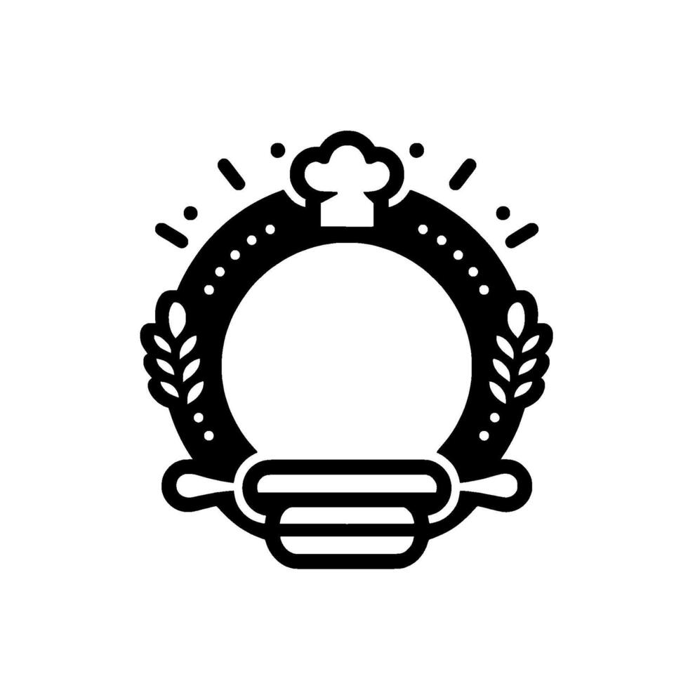 Black and white emblem featuring a chefs hat, laurel wreath, rolling pin, and ring, perfect for bakery, restaurant, or food brand identity. vector