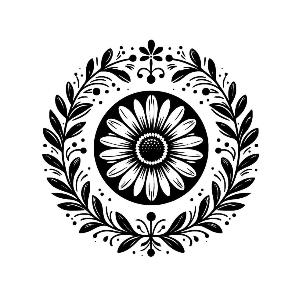 Ornate Black and White Floral Mandala Centered Daisy with Leafy Wreath and Dotted Accents on a White Backdrop. vector