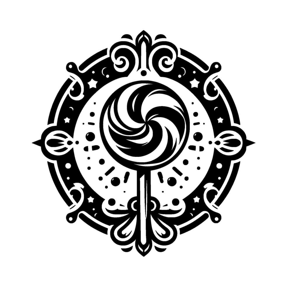 Intricate Black and White Circular Ornament Featuring a Swirl Lollipop with Floral and Star Motifs, Decorative Frame. vector