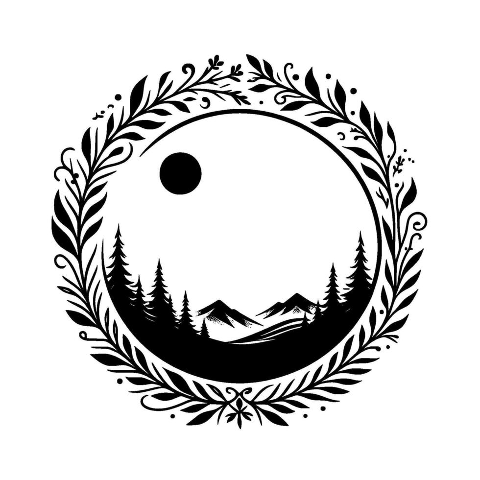 A minimalist, black and white circular featuring a silhouetted forest, mountains, and moon, framed by a detailed, leafy wreath. vector
