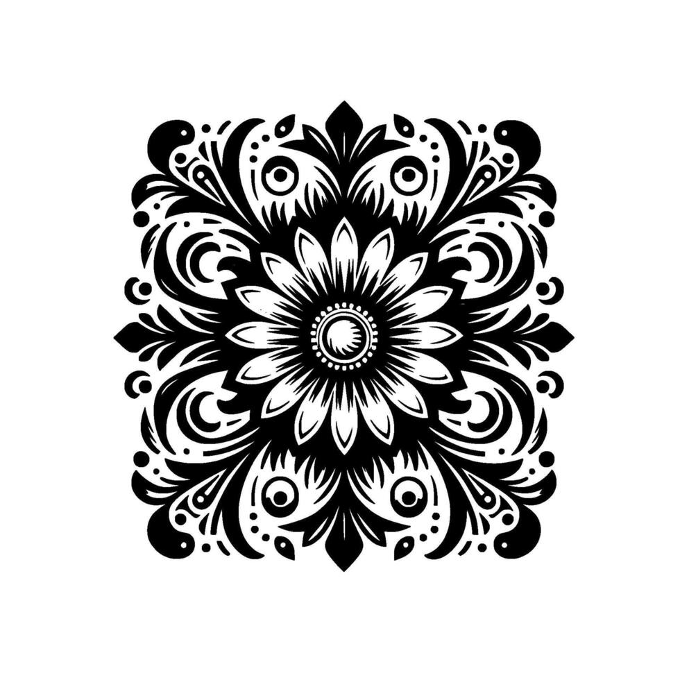 Symmetrical Floral A Square Composition Featuring a Detailed Black and White Flower Ornament with Intricate Foliage and Repeating Eyelike Elements. vector