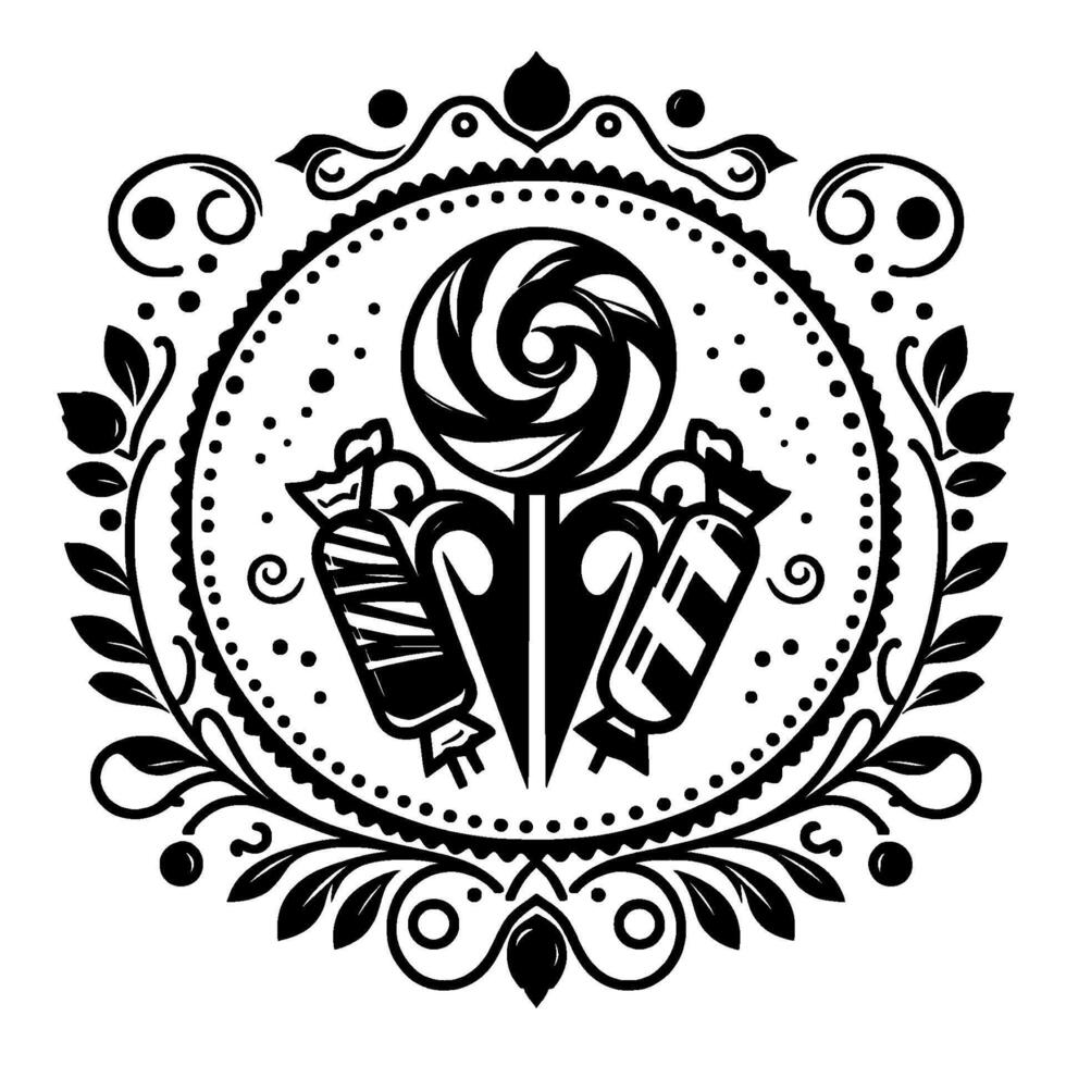 Ornamental Black and White Candy Arrangement Lollipop, Wrapped Candies, and Floral Frame . vector