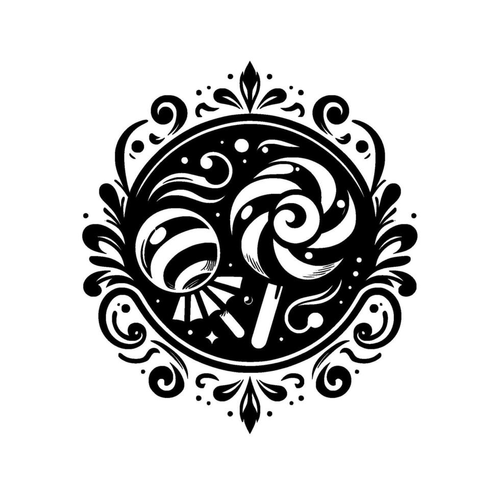 Ornate Black White Candy Medallion A Whimsical Circular Featuring Swirl Lollipops Decorative Flourishes. vector