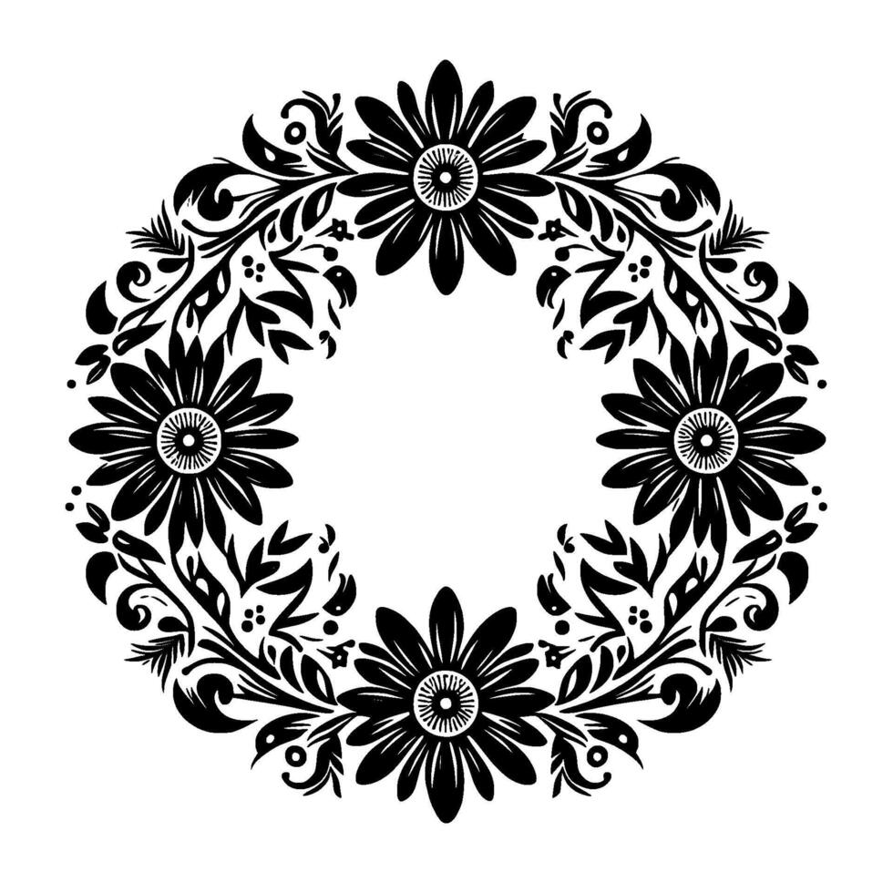 Intricate black and white floral wreath with stylized flowers, leaves, and organic decorative elements forming a circular frame against a stark white background. vector