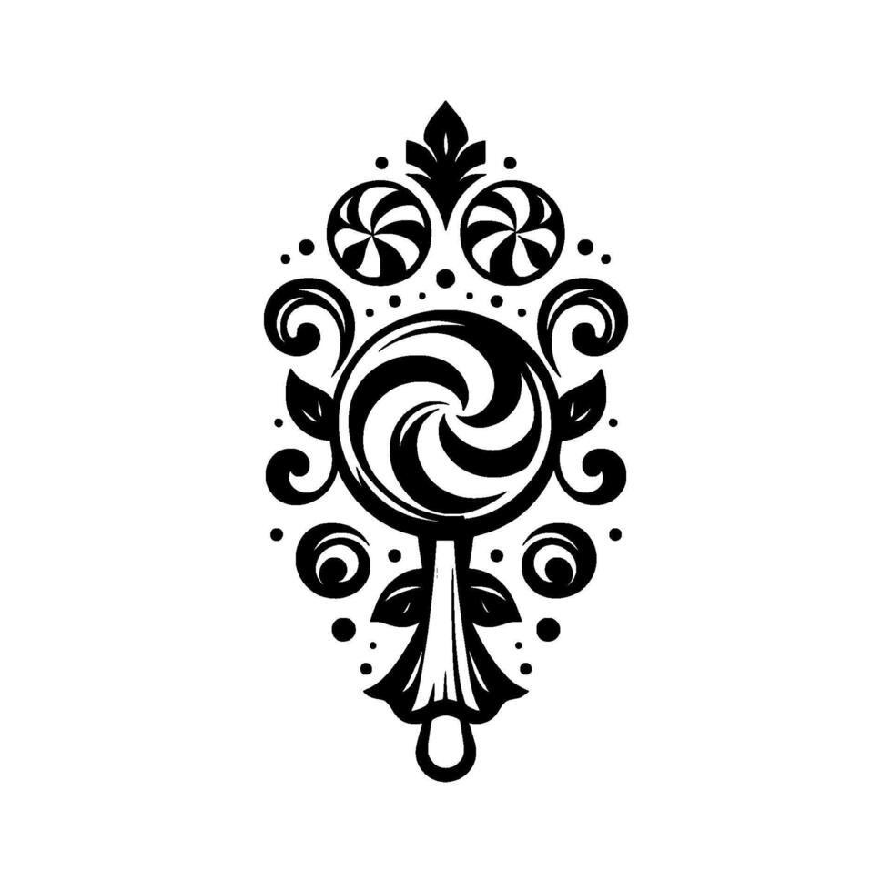Intricate Black and White Ornamental Featuring Spiraling Center with Floral and Leaf Elements vector