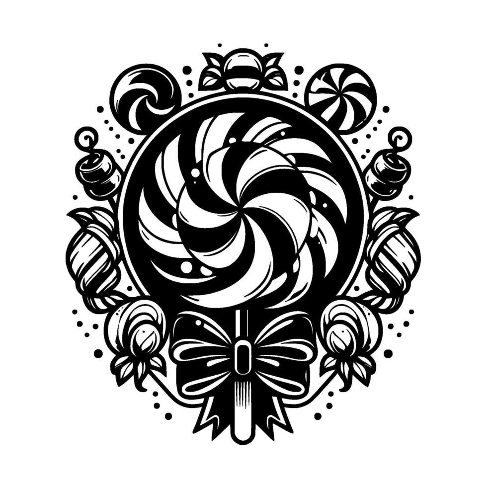 Whimsical monochrome lollipop illustration with surrounding candy, swirls, and bow elements, creating a decorative sweet . vector