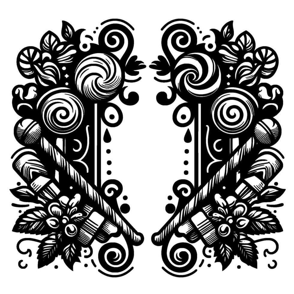 Symmetrical Black and White Illustration of Christmas Lollipops, Candy Canes, Leaves, and Swirls, creating a festive and decorative pattern. vector
