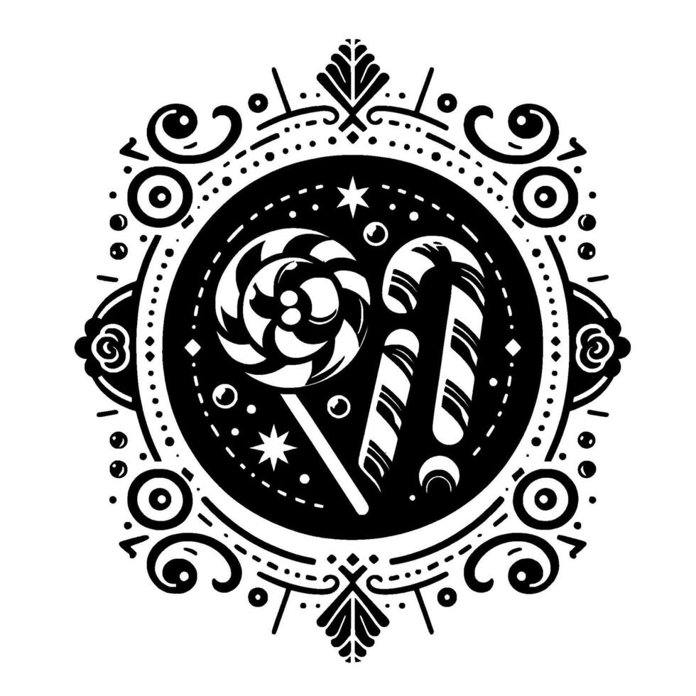 Intricate Black White Holiday Illustration Lollipop Candy Cane Within a Decorative Circular Frame. vector