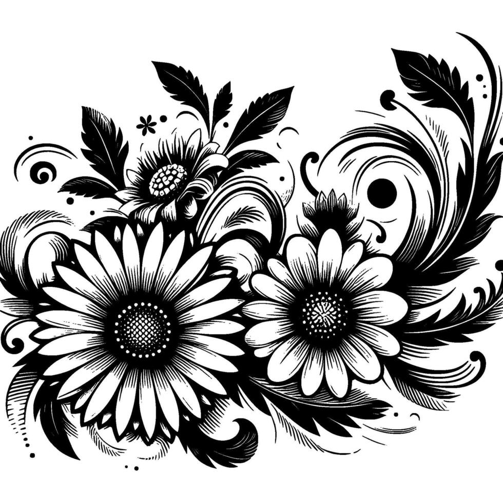 Elegant Black and White Floral Illustration Daisies and Swirls with Intricate Details, Perfect for . vector