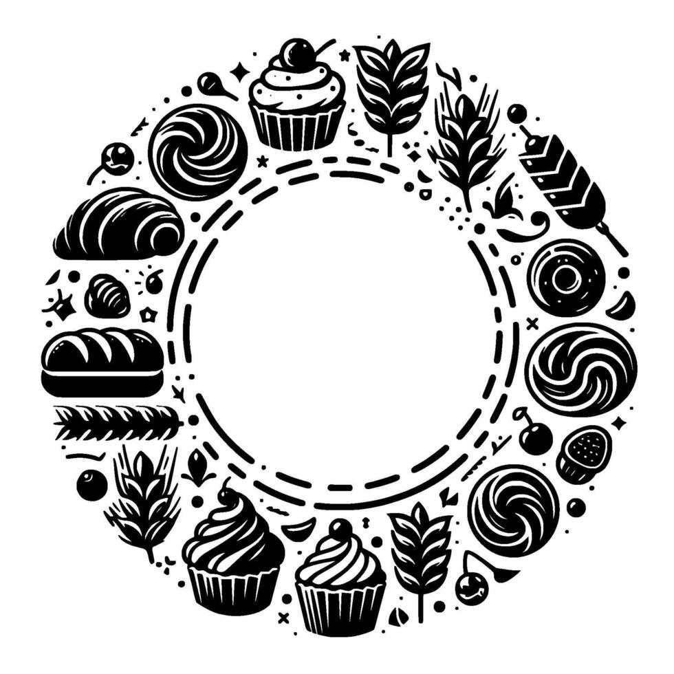 Black White Bakery Circle Bread, Pastries, Wheat Embellishment, Artistic Outline on White Background. vector