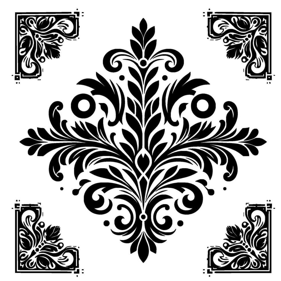 Elegant Black and White Damask Pattern with Central Floral Motif and Corner Ornamentation on a Solid White Backdrop. vector