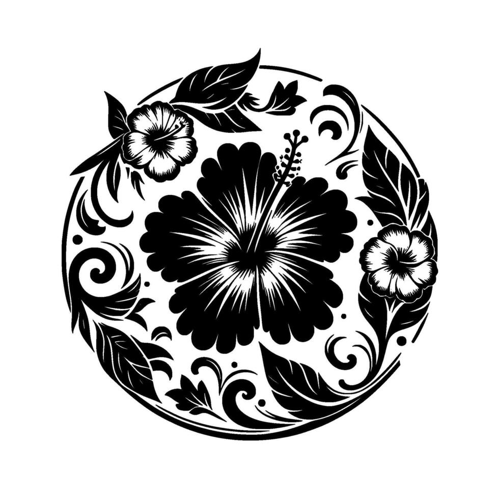 Black White Circular Floral Hibiscus Flower with Ornate Foliage and Decorative Border, Isolated on White. vector