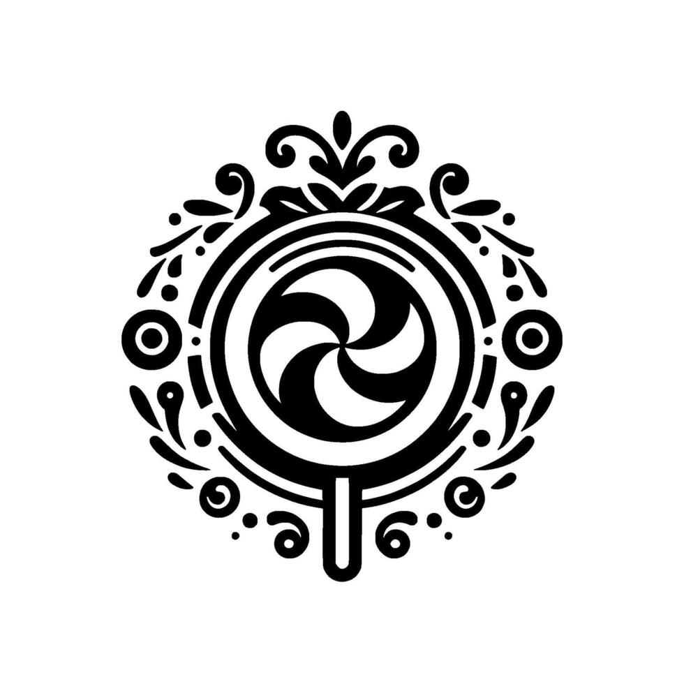 Ornate black and white lollipop within a circular decorative frame, featuring swirling candy details and elegant floral embellishments on a white background. vector