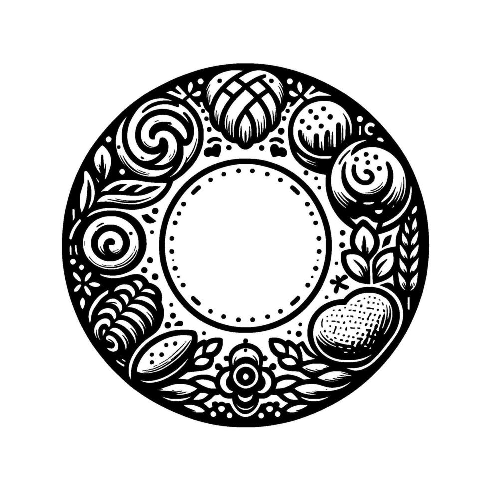 Intricate black and white circular illustration with baked goods, floral, and leaf motifs surrounding a central dotted circle, evoking a handdrawn, illustrative style. vector