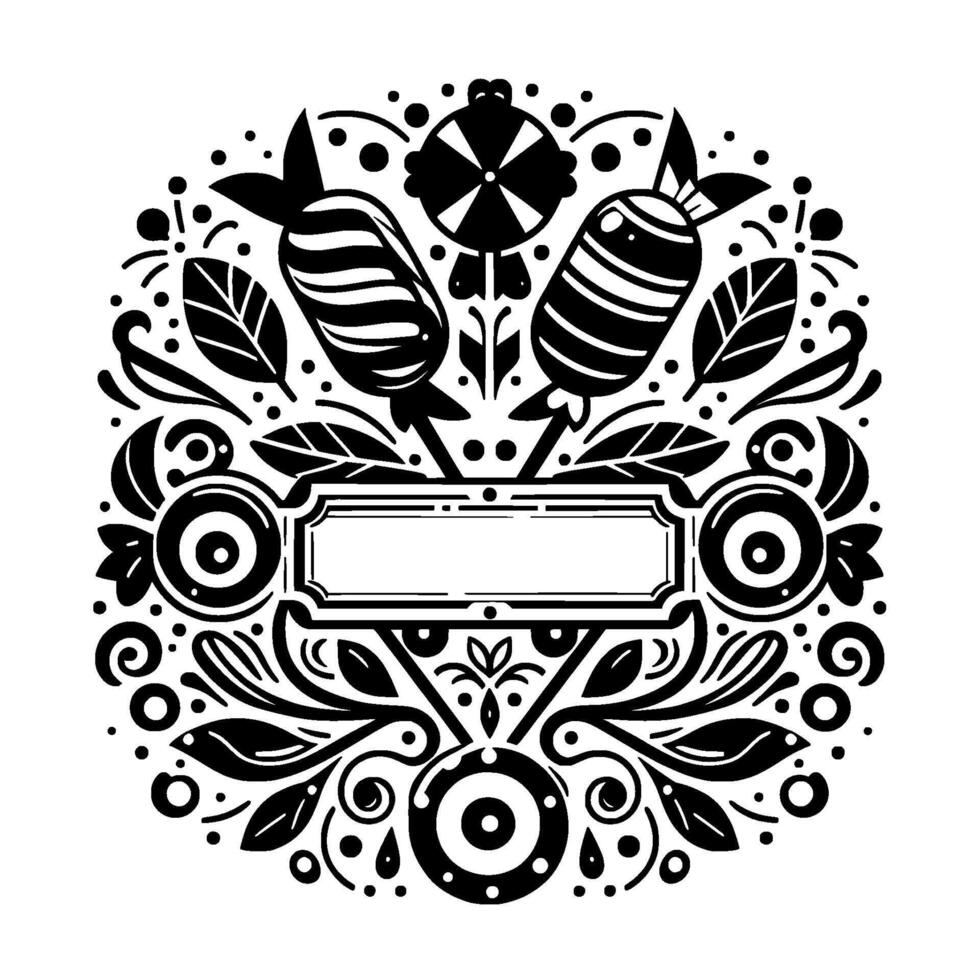 Elegant Black and White Circular Featuring Candies, Leaves, and a Label for Text, Creating a Decorative and Playful Composition. vector