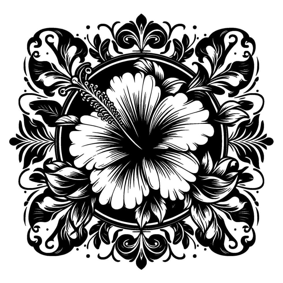 Intricate Black and White Floral Illustration Featuring a Hibiscus at the Center, Bordered by Ornate Foliage, Set Against a White Background. vector