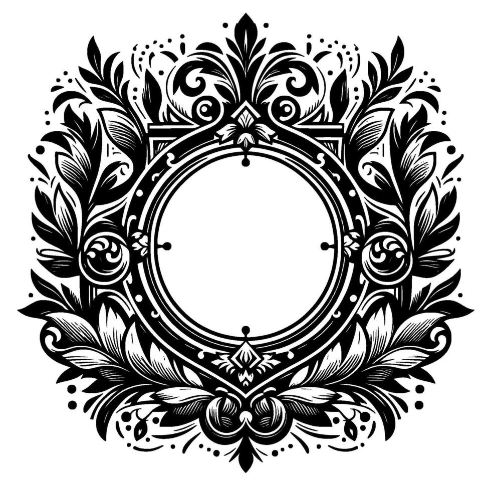 Intricate Black and White Circular Floral Frame Ornament with Ornamental Elements and Empty Center. vector