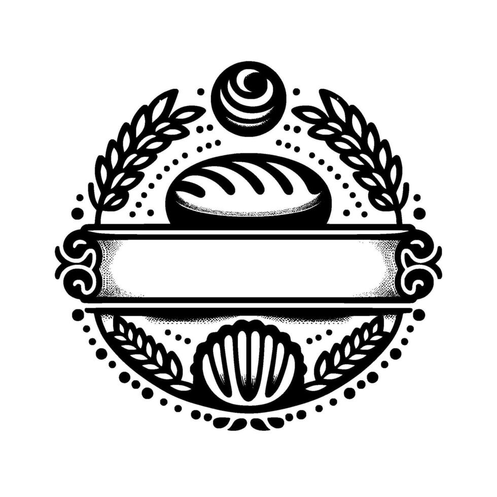 Ornate Black and White Bakery Emblem Loaf of Bread, Wheat, Circular Border, and Blank Banner for Custom Text vector
