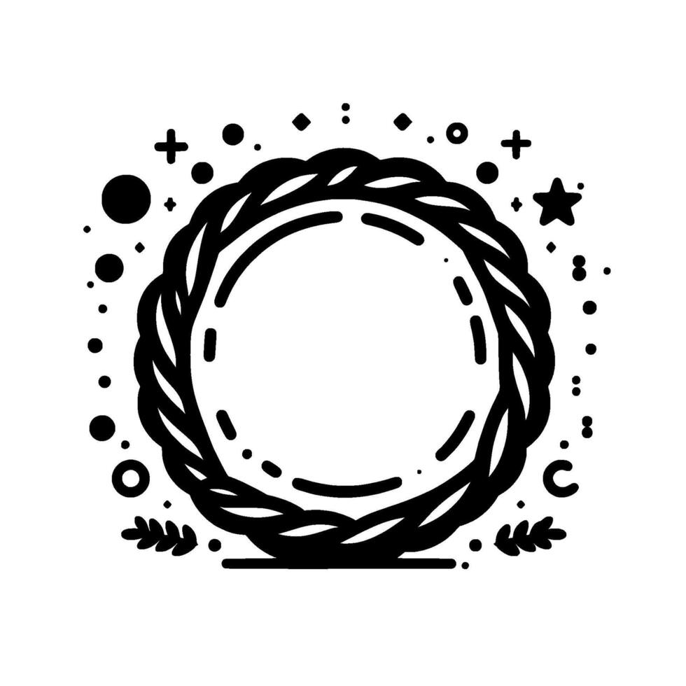 Black and White Braided Wreath with Embellishments and Blank Interior for Text or on White Background. vector