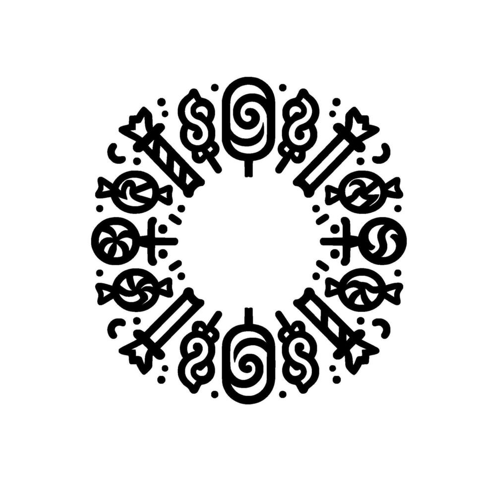 Minimalist Black and White Circular Composition of Sweet Treats, Including Lollipops, Candy, and Sweets, with a Central White Space. vector