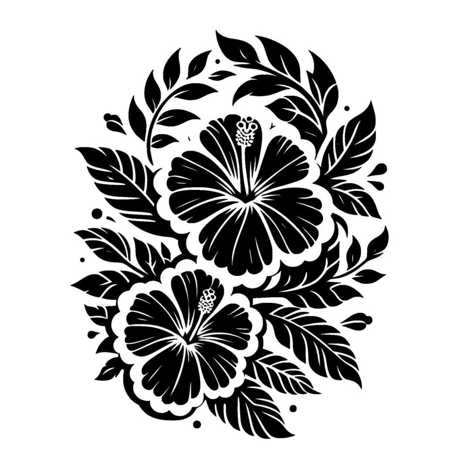 Black and white illustration of two hibiscus flowers and leafy branches, creating an ovalshaped floral , perfect for decorative purposes. vector