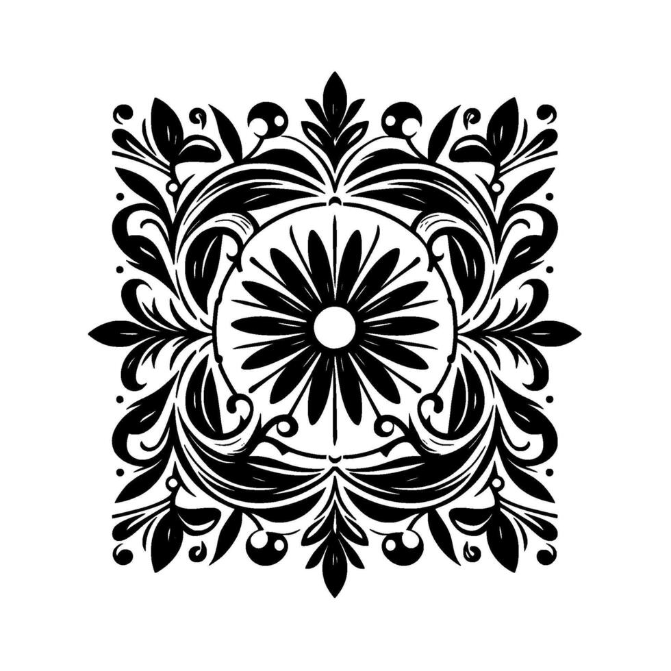 Symmetrical Black and White Floral Motif with Daisylike Center and Ornate Leafy Border on White Background. vector