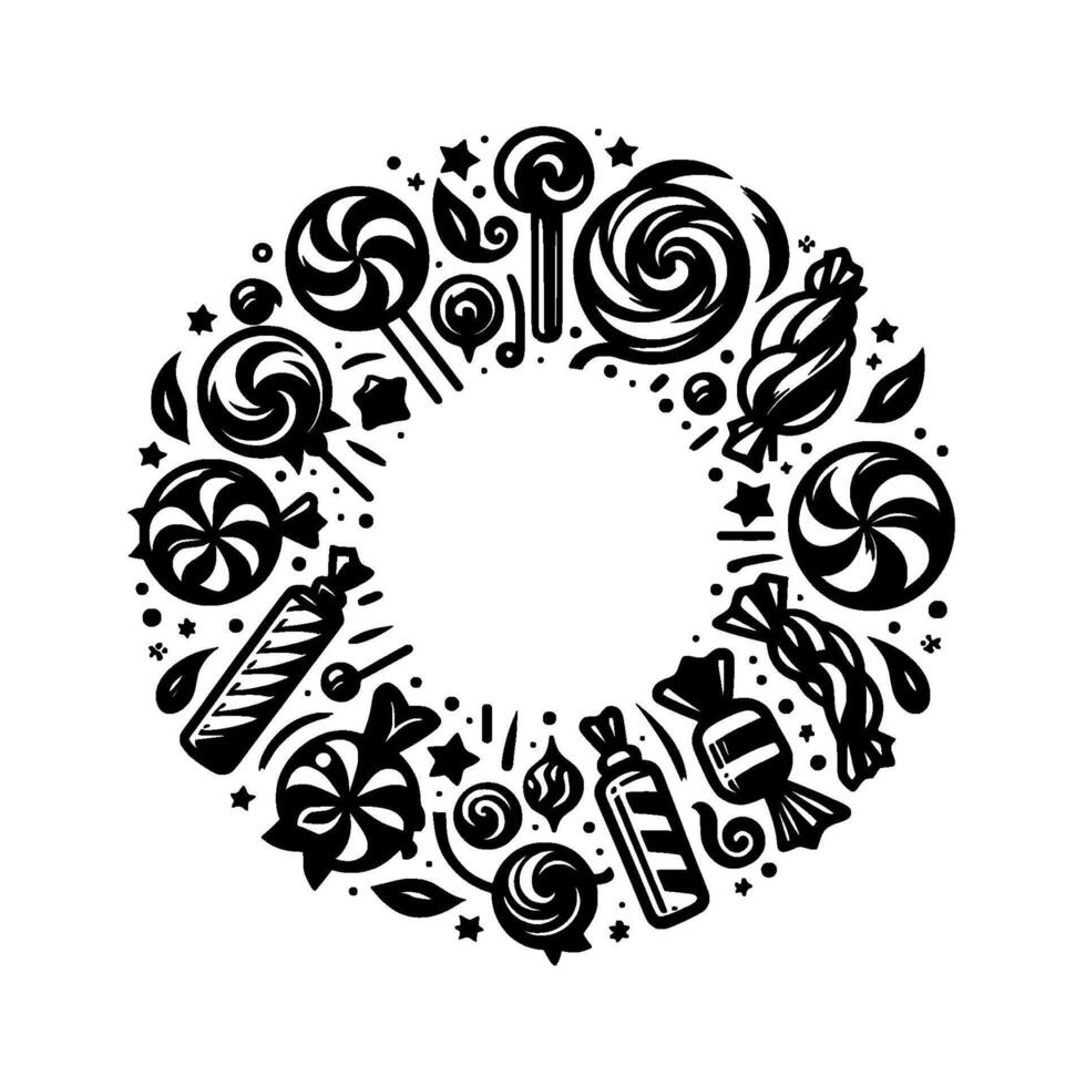 A circular arrangement of various candy and sweets, in a minimalist black and white style, with a central white void. vector