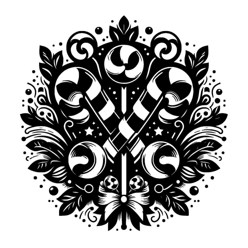 Ornament Black and White Festive Christmas Decoration with Candy Canes, Lollipops, Leaves, Stars, and a Bow in a Symmetrical, Detailed . vector