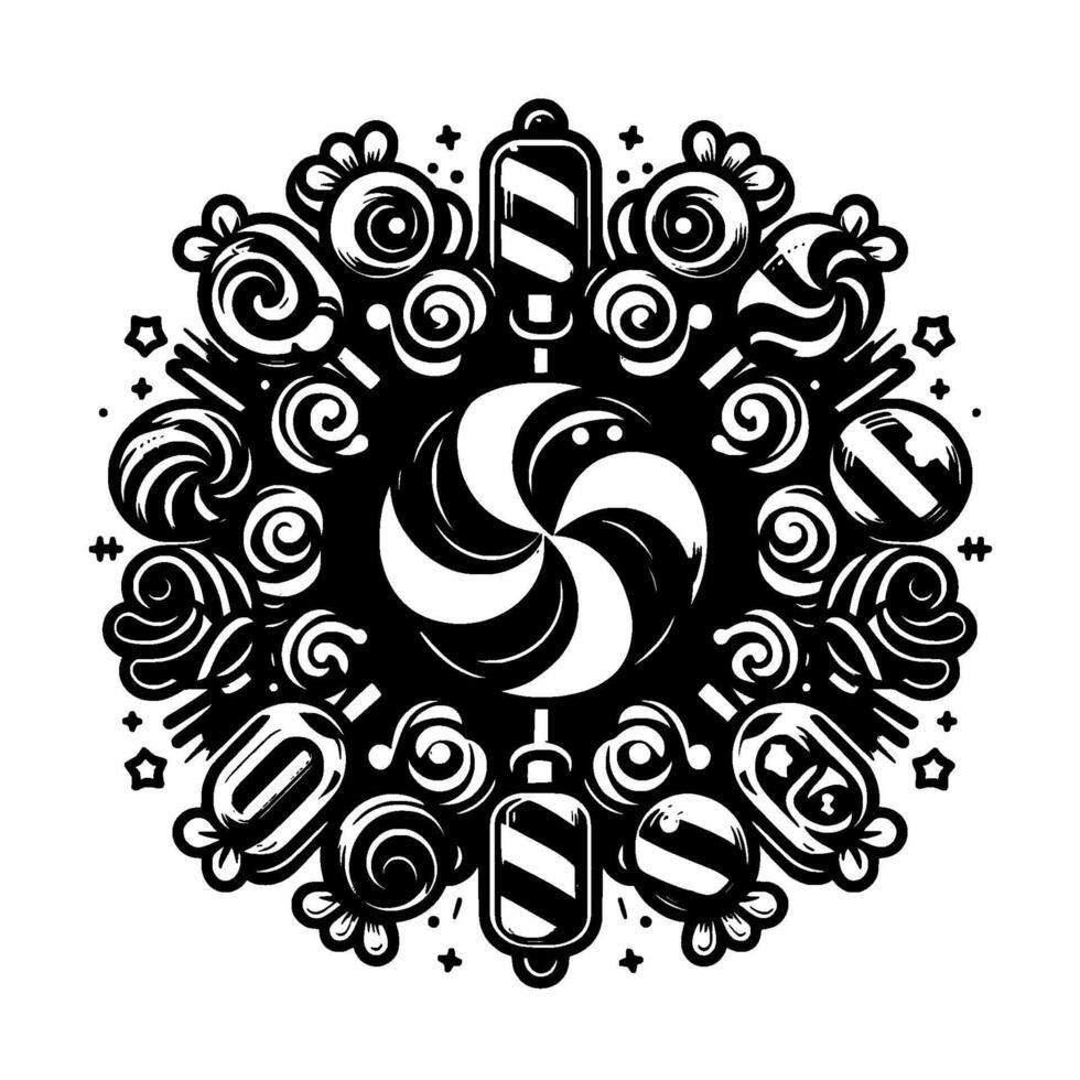 Intricate Black and White Circular Composition Featuring Assorted Candies, Lollipops, Swirls, and Geometric Shapes on White Background. vector