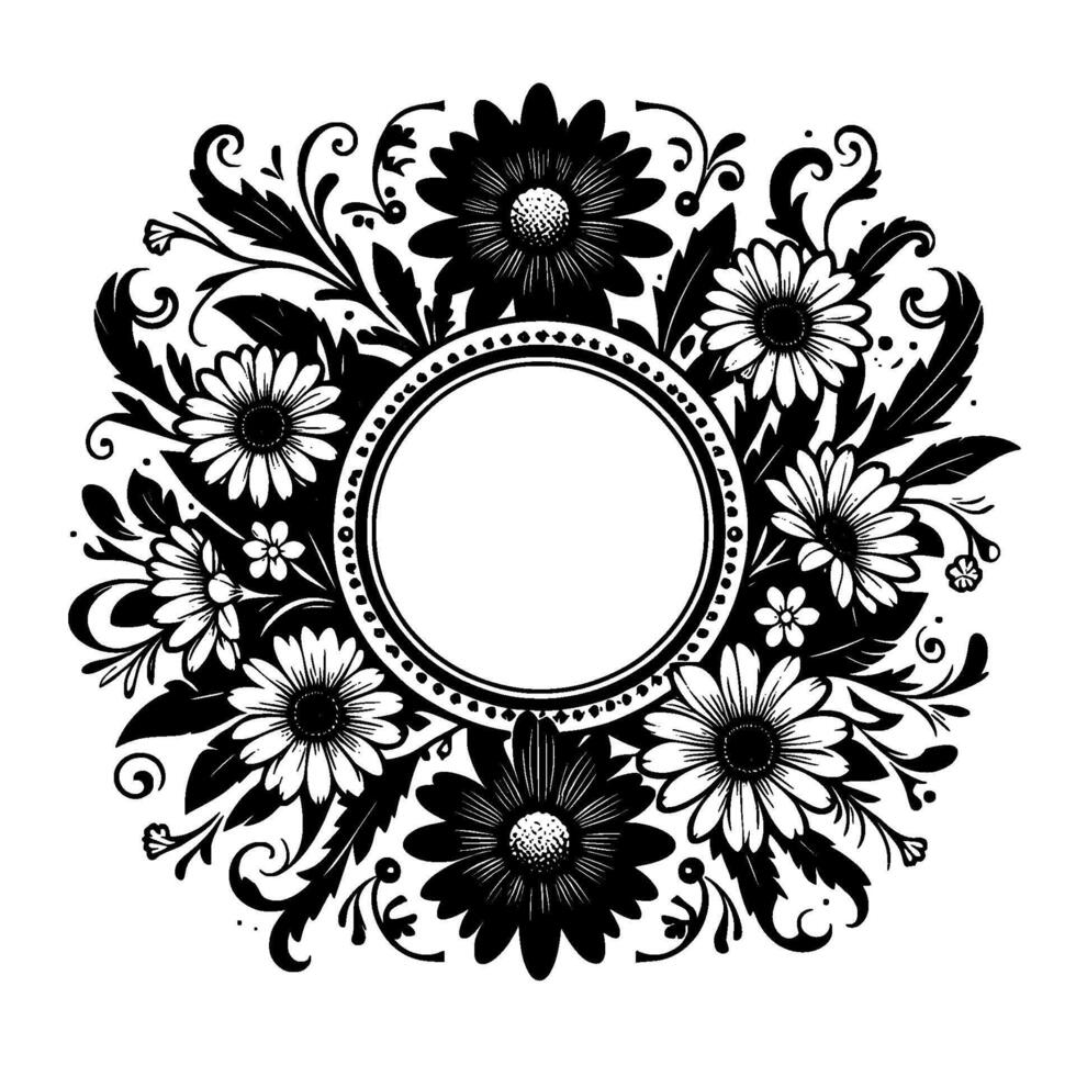 Intricate Black and White Floral Wreath with a Central Blank Circle, Featuring Daisies, Leaves, and Ornamental Details, Illustrative Style. vector