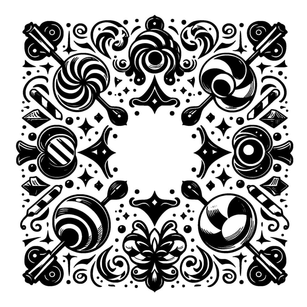Symmetrical Black White Candy Kaleidoscope Lollipops, Candies, and Ornamental Elements in a Patterned Arrangement. vector