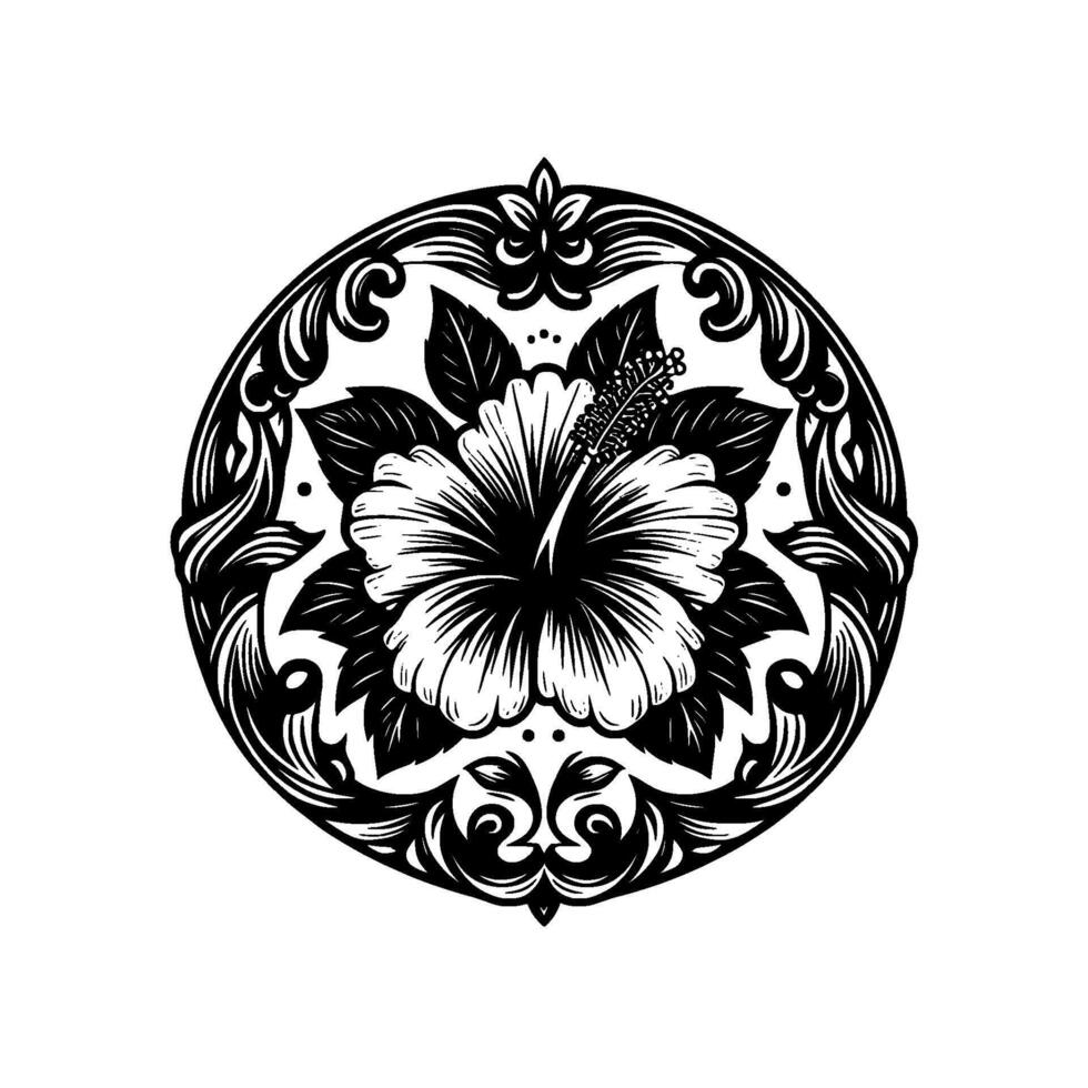 Intricate Circular Black and White Illustration of a Hibiscus Flower, Surrounded by Ornate Floral and Leafy vector