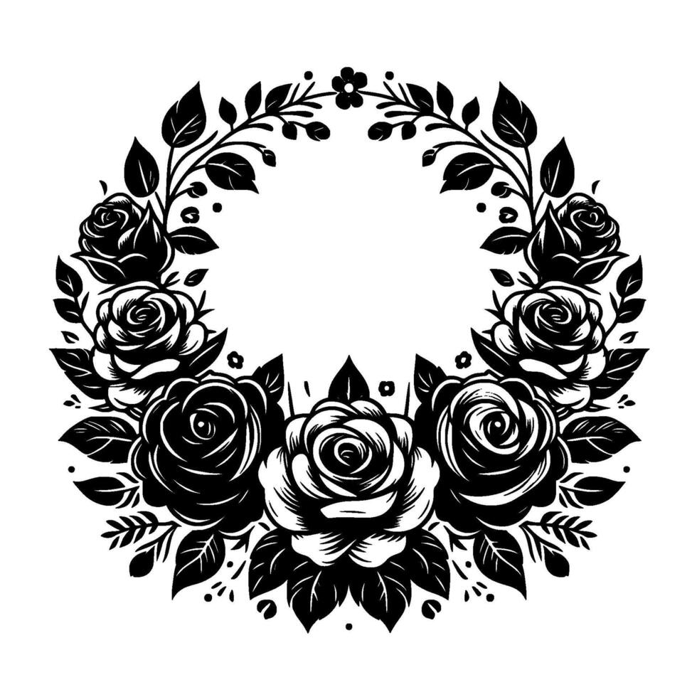 Elegant Black and White Floral Wreath Featuring Roses, Leaves, and Delicate Decorative Elements, Isolated on White Background vector