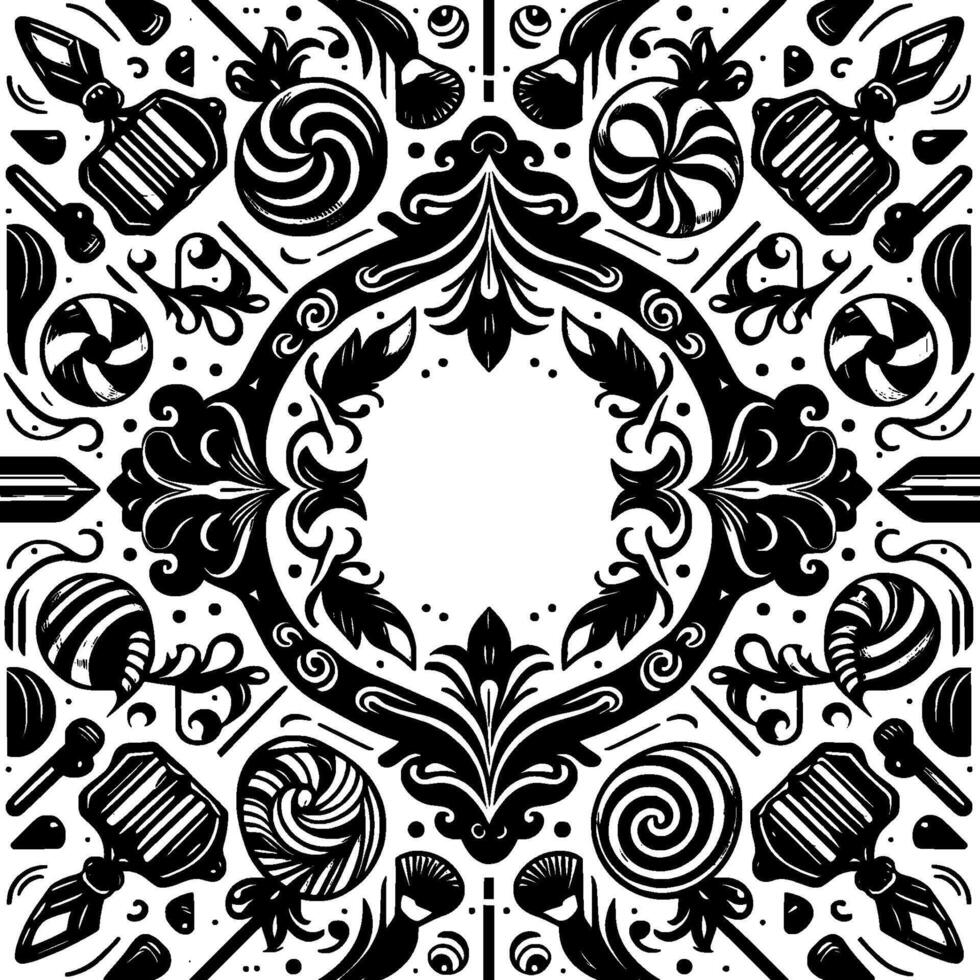 Intricate Black White Ornamental Featuring Lollipops, Candies, and Floral Motifs Surrounding a Central Empty Circle. vector
