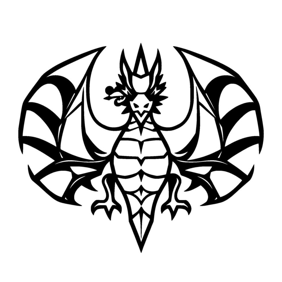 Intricate Black and White Dragon Silhouette with Wing Symmetry on a White Background, Depicting Fantasy Art and Symbolic Emblem. vector