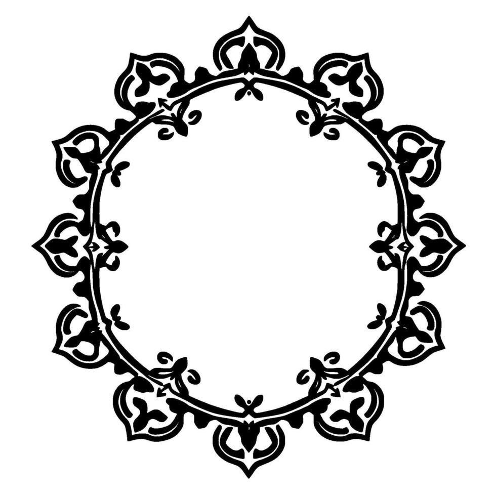 Black intricate circular frame, symmetrical , floral and ornamental details, isolated on a white background. vector