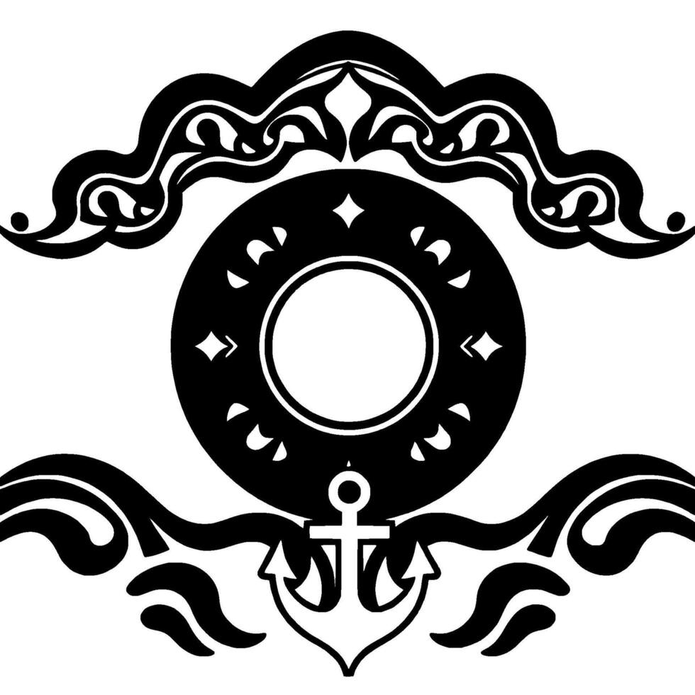 Artistic Black and White Nautical Anchor, Waves, Decorative Circle with Floral Elements vector