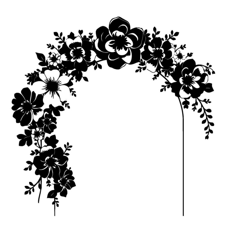 Elegant Black and White Floral Arch with Lush Blooms, Leaves, and Delicate Details in a Minimalist Style. vector