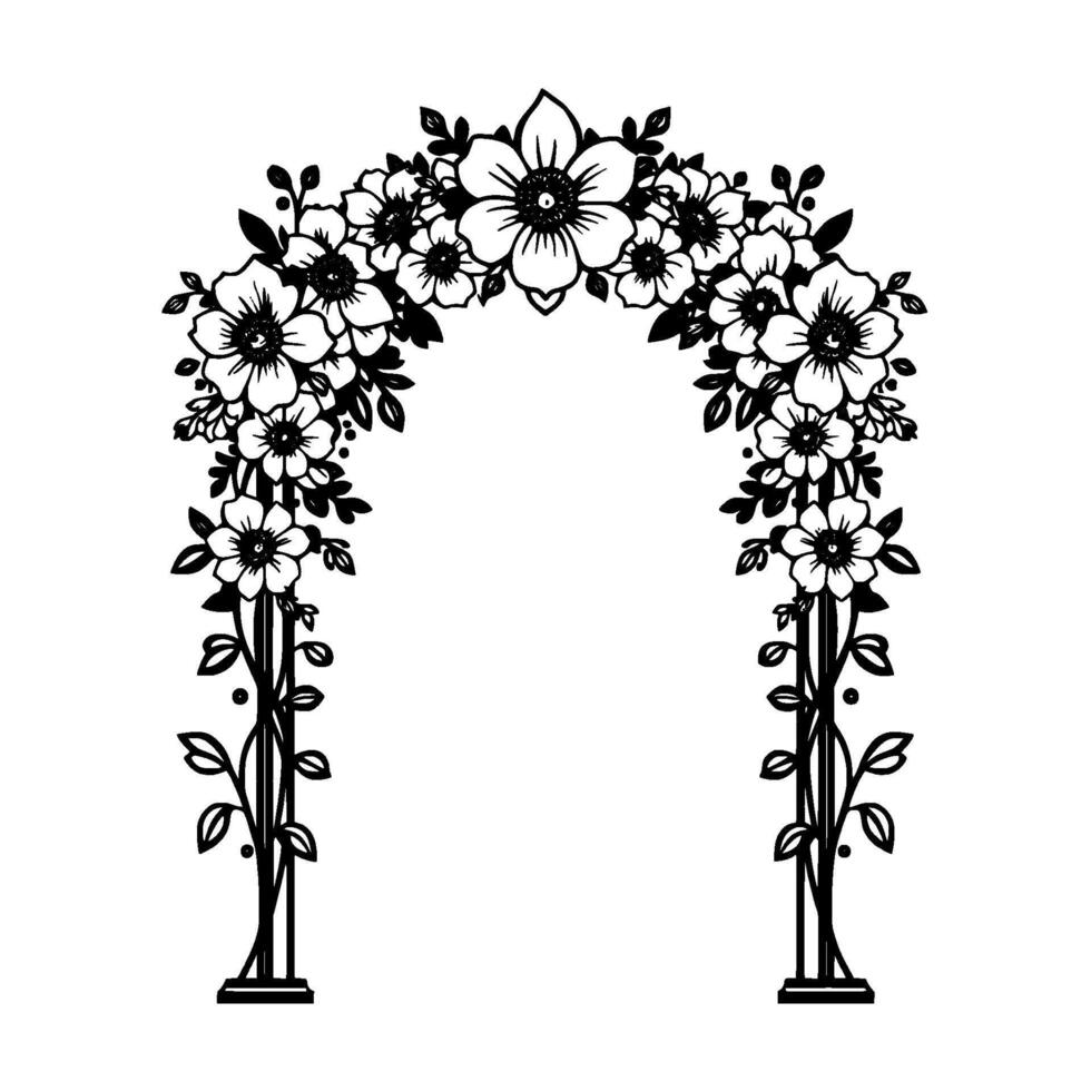 Elegant Black and White Floral Archway with Detailed Flower and Leaf Arrangement on a White Background vector