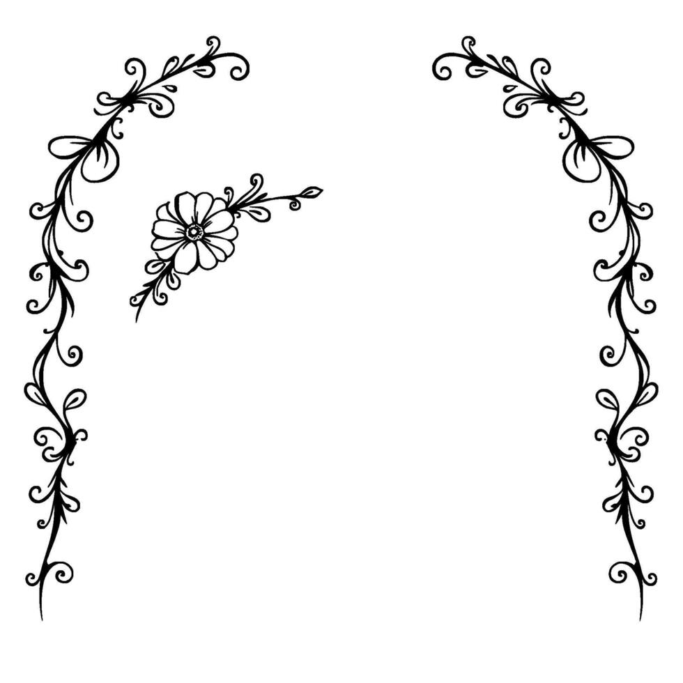 Elegant black ink floral and vine illustration with a central flower, forming a decorative frame and an abstract on a white background. vector