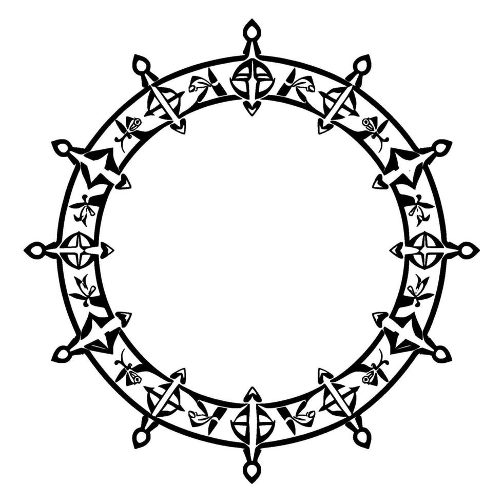 A symmetrical, ornate, black and white circular frame , embellished with geometric and organic tribalinspired patterns, featuring pointed extensions. vector