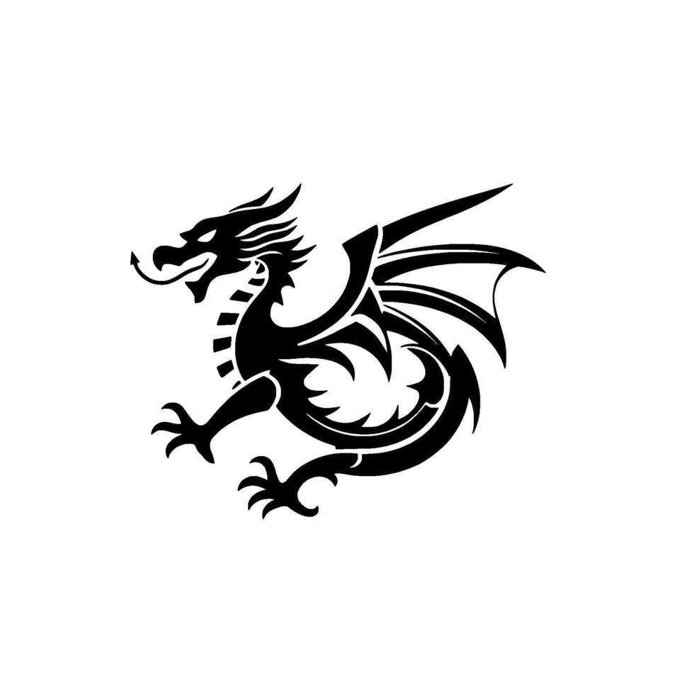 A stylized black dragon silhouette, featuring sharp wings, intricate body , and a white background, exuding strength. vector