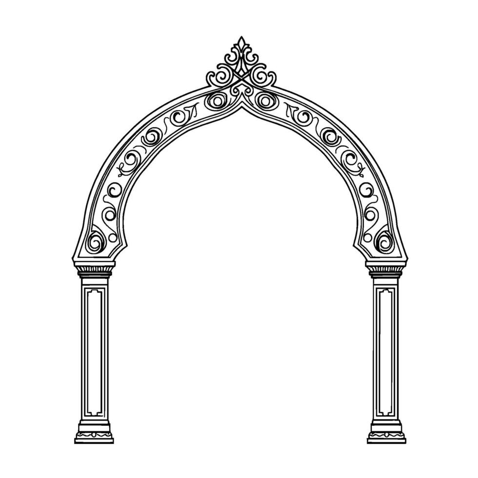 Detailed Architectural Archway Illustration in Black and White with Ornamental Swirls and Pillars on a Plain White Background. vector