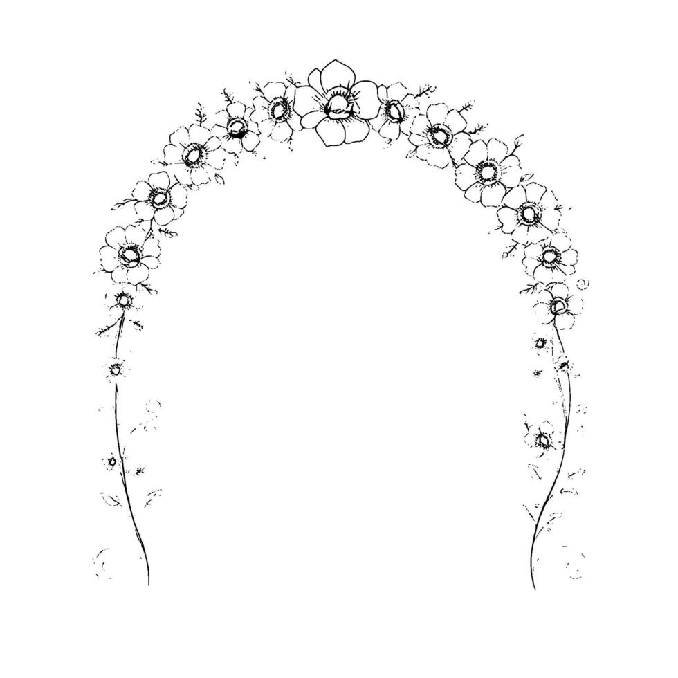 Delicate Line Art Floral Archway Elegant black and white illustration of flowers arranged in a curved, archlike , with elegant swirls. vector