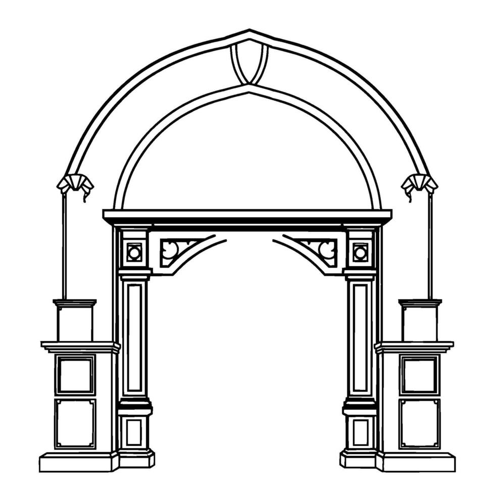 Ornate Gothic Archway Detailed Line Art Illustration of Architectural with Decorative Pillars, Carvings, and Symbolic Geometric Elements. vector