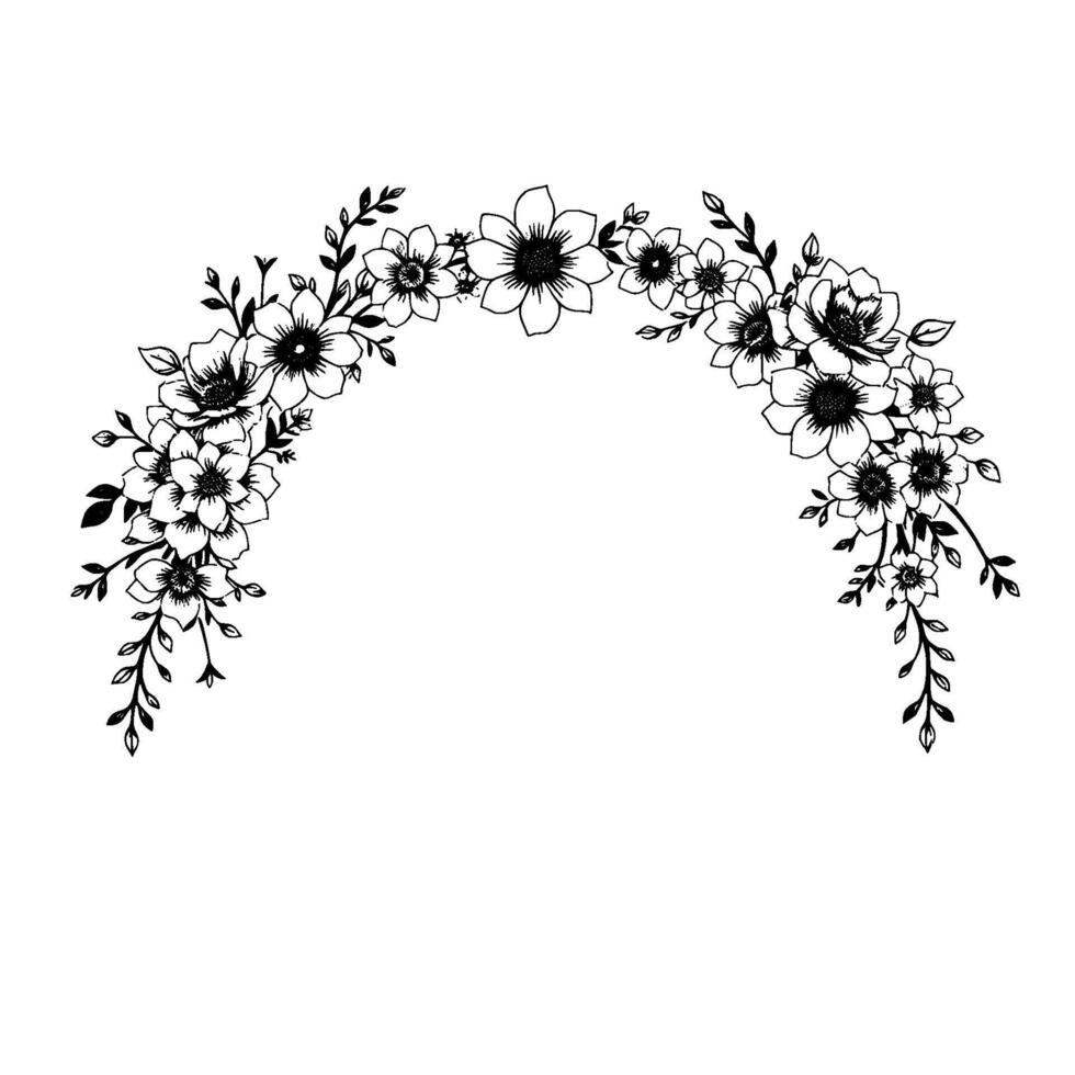 A delicate, arching floral illustration in a minimalist style. Black ink flowers and leaves are arranged to frame a blank space against a white background. vector