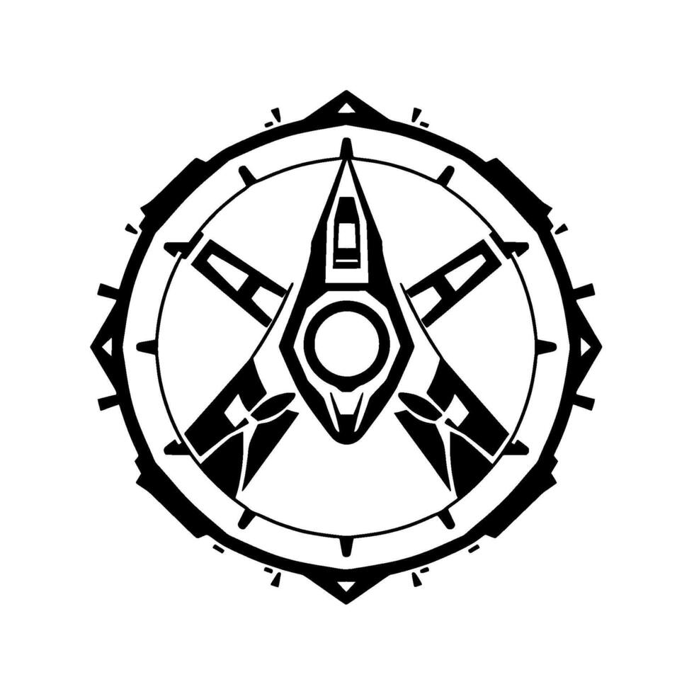 Geometric Emblem of a Futuristic Starship, Featuring Angular Elements Within a Detailed Circular Frame, in Minimalist Black and White. vector