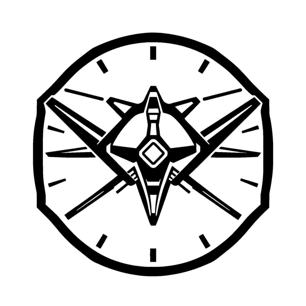 Black and white illustration of a stylized compass rose incorporating an aircraftlike element, set within a watchlike border. vector